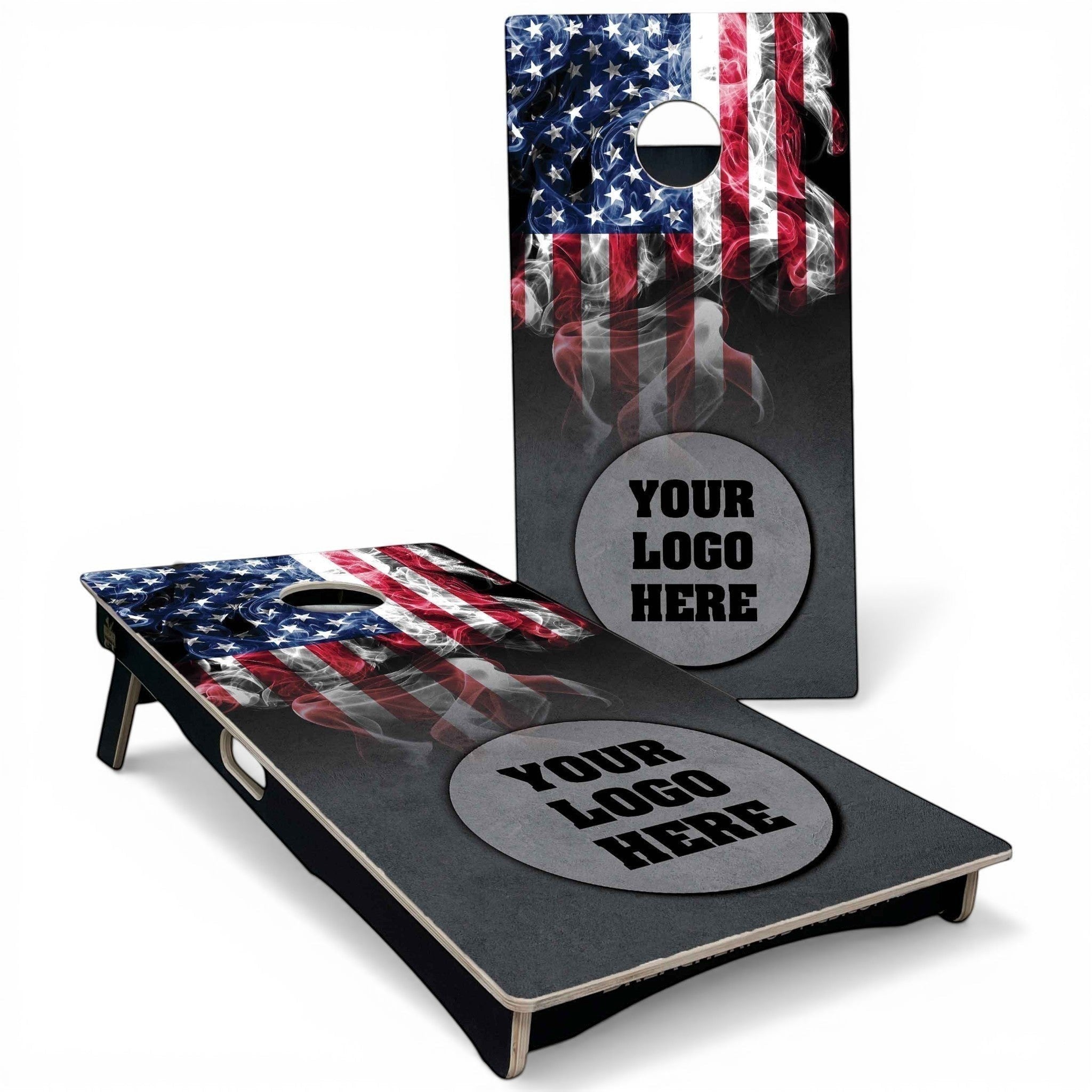 Breacher Rustics USA flag cornhole set with custom logo area. Features patriotic design with smoke effect. smoke usa flag cornhole set with custom logo handmade wooden patriotic backyard bean bag toss game usa themed boards