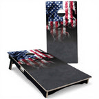 Breacher Rustics USA Flag Cornhole Set with smoky effect on dark background. Made from Baltic Birch. usa flag cornhole set with custom logo and name wooden backyard bean bag toss game patriotic outdoor boards