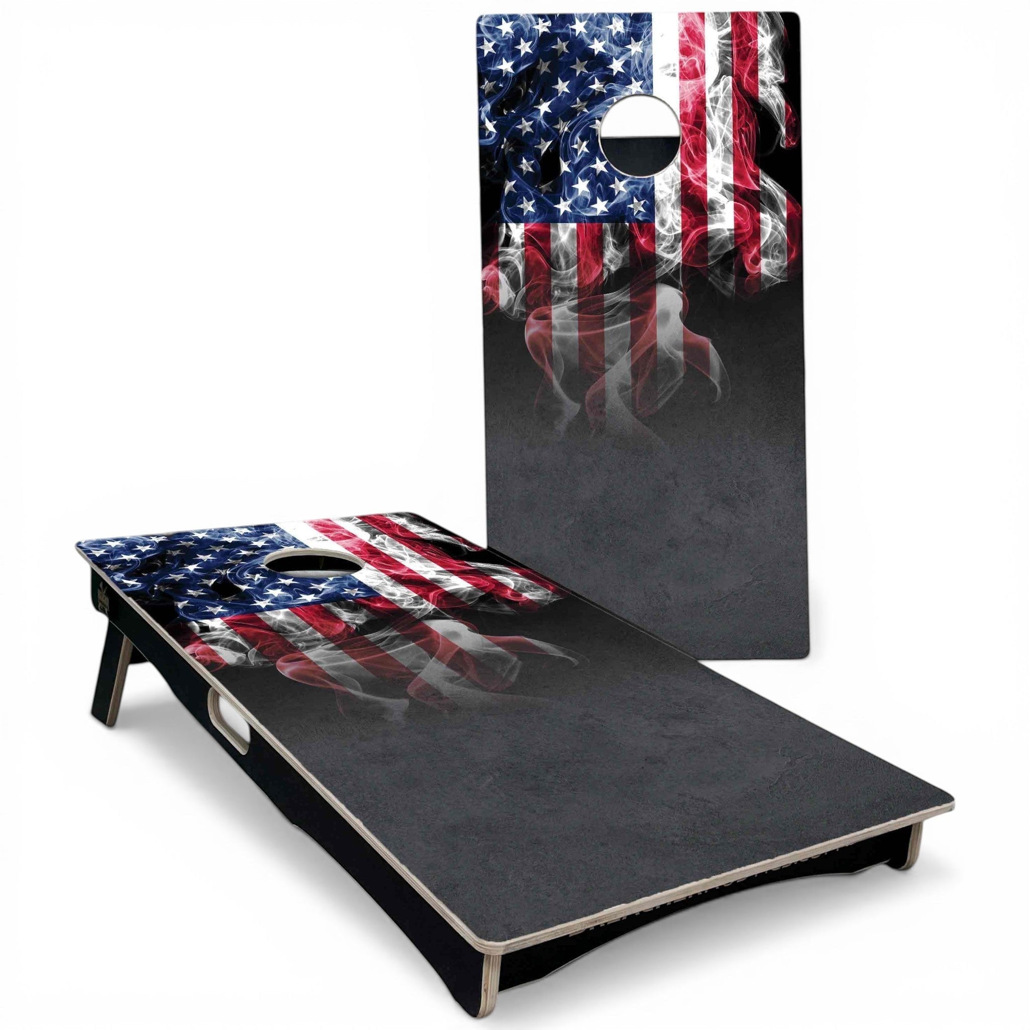 Breacher Rustics USA Flag Cornhole Set with smoky effect on dark background. Made from Baltic Birch. usa flag cornhole set with custom logo and name wooden backyard bean bag toss game patriotic outdoor boards