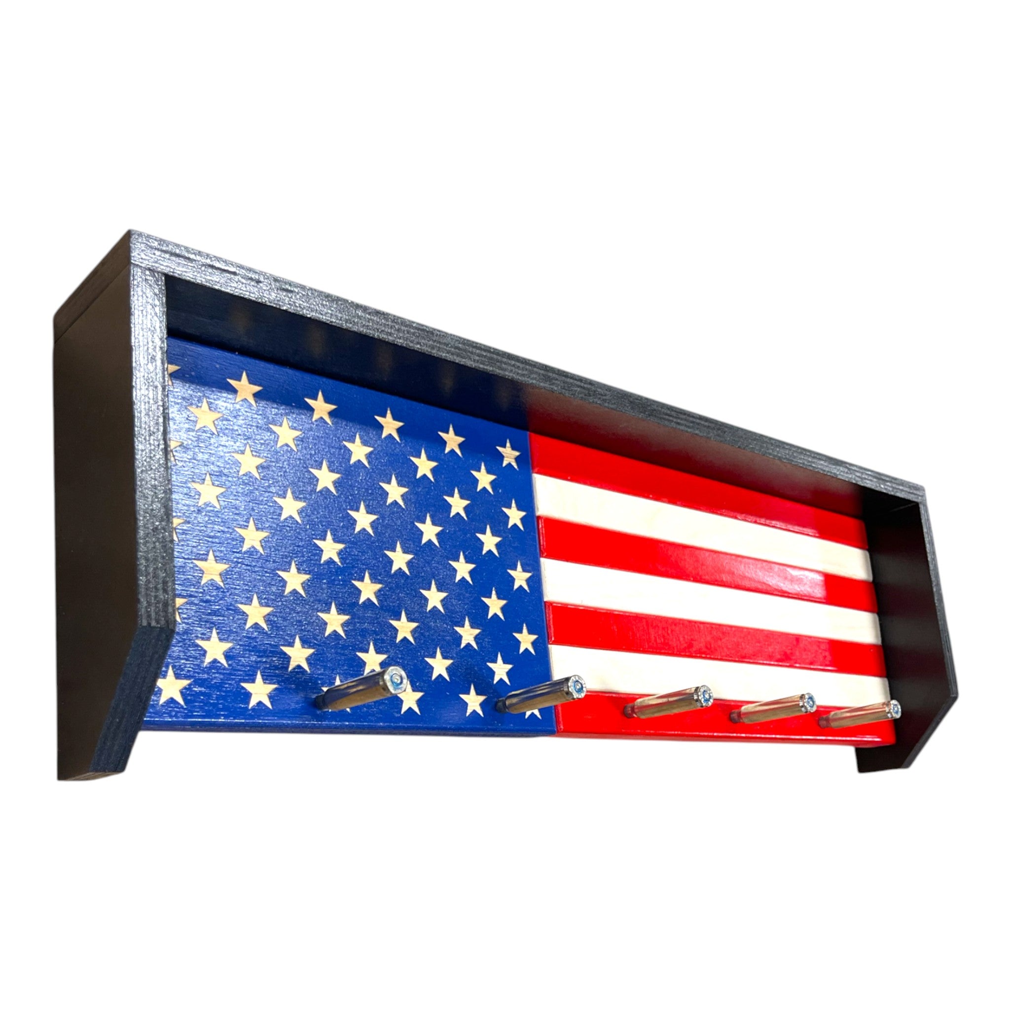 Breacher Rustics USA flag key rack with black frame and .223 bullet hooks. Perfect for organizing keys. handmade usa american flag wood key rack rustic wall organizer patriotic entryway decor key holder