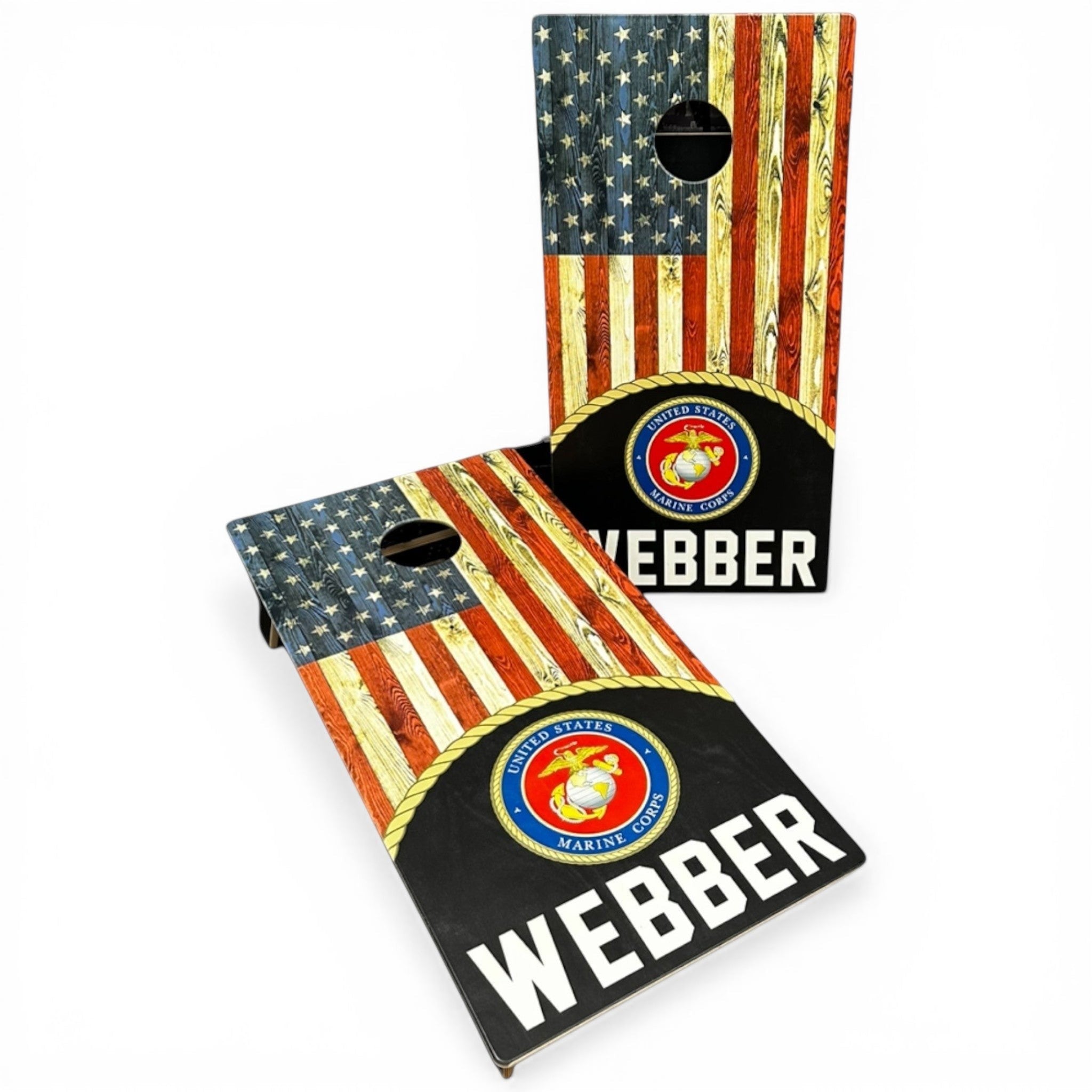 Breacher Rustics USMC Cornhole Set with American flag design and custom "WEBBER" text. Features Marine Corps emblem. marine corps usmc cornhole set handmade wooden patriotic backyard bean bag toss game military themed boards