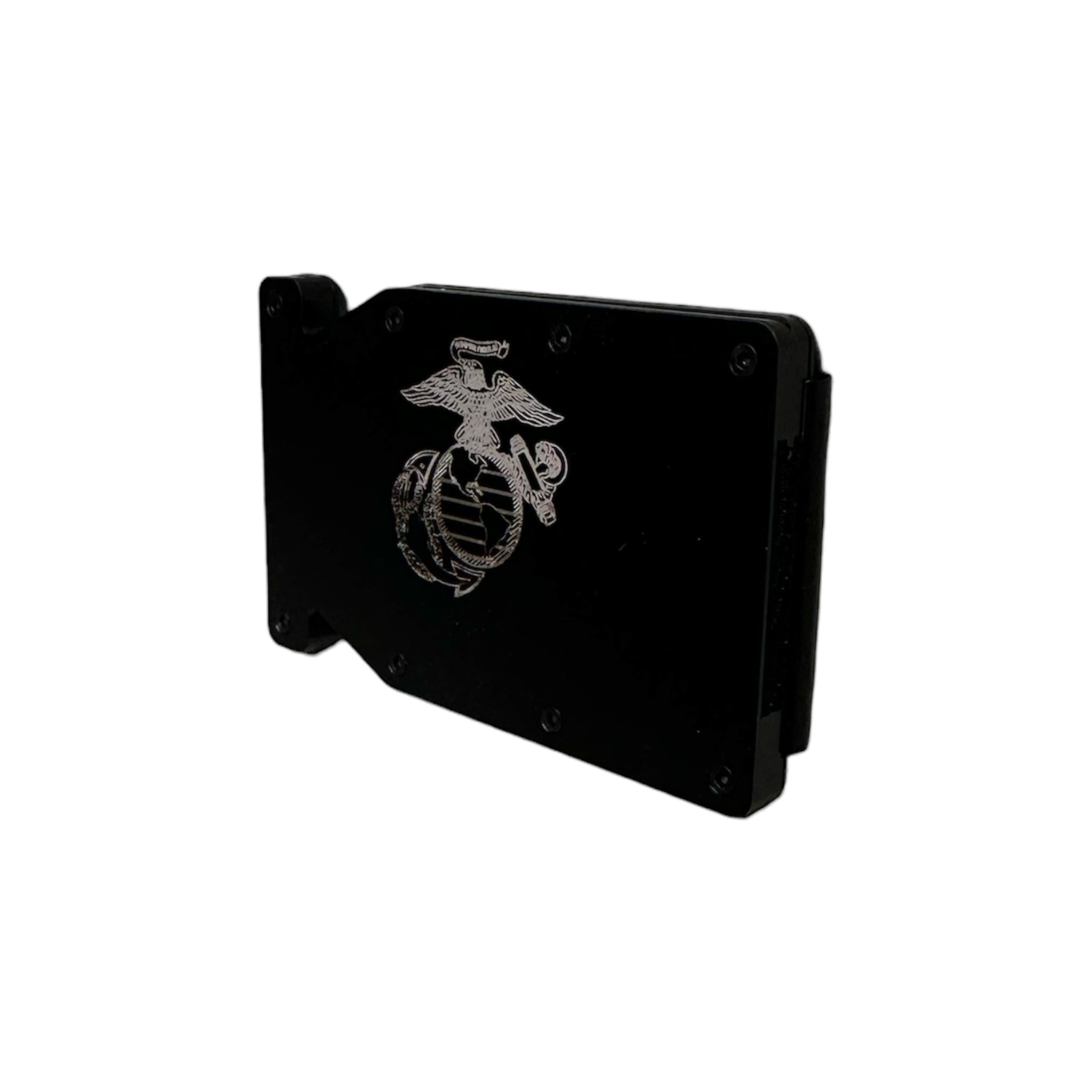 Breacher Rustics black aluminum RFID blocking metal wallet with USMC emblem and money clip.