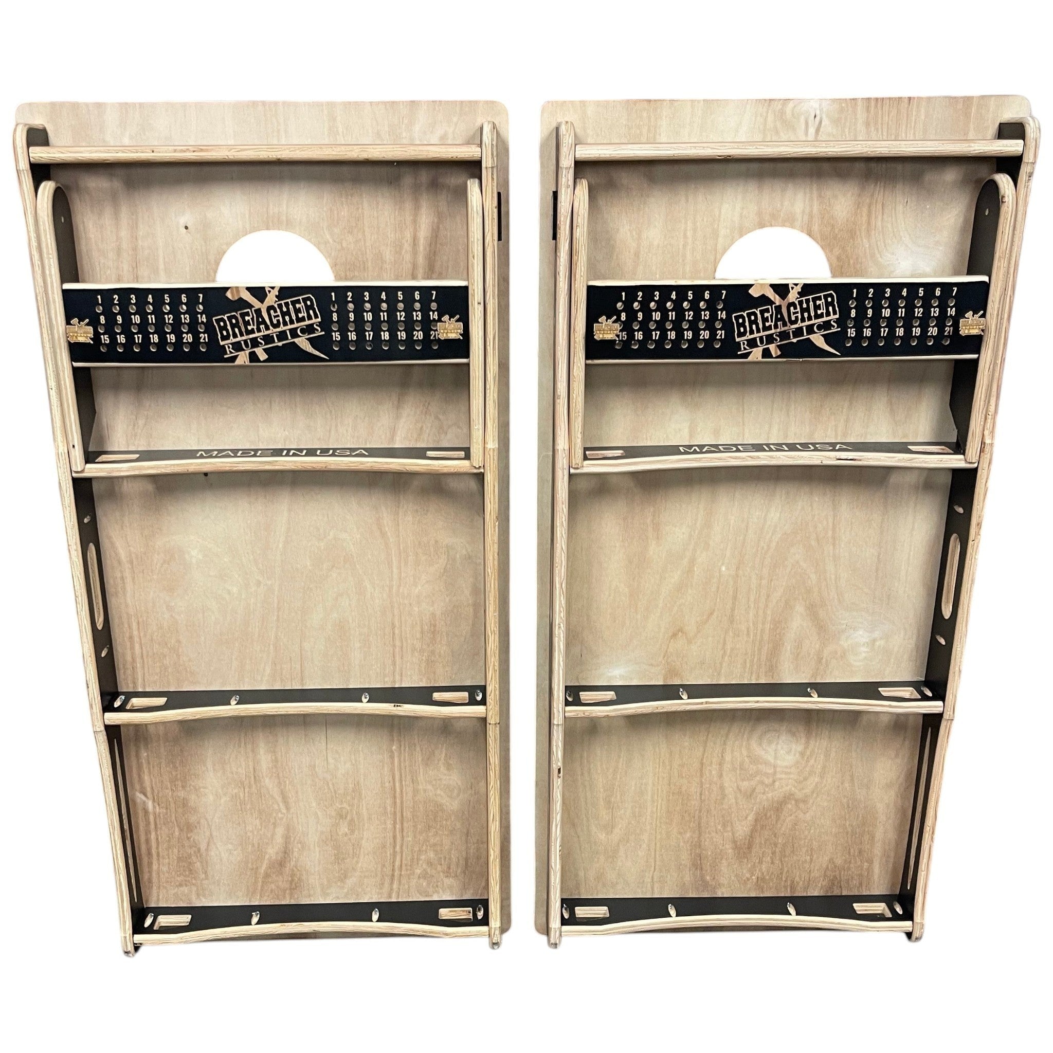 Breacher Rustics We The People Eagle Cornhole Set with red, natural, and blue colors. Features a scoreboard on the back of each board.