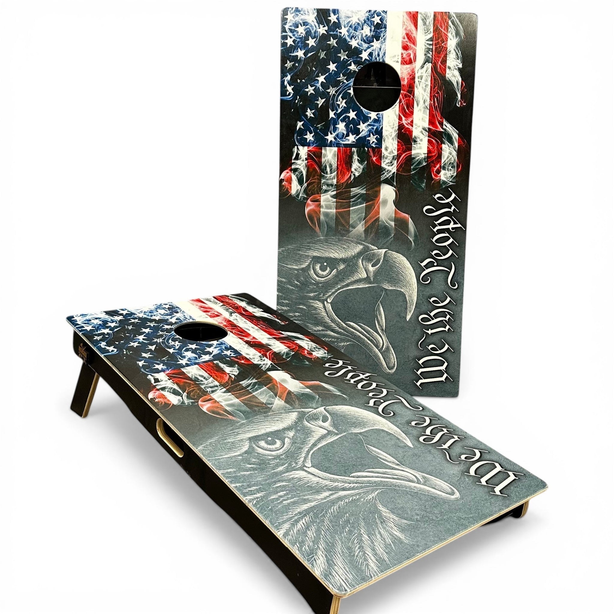 Breacher Rustics We The People Eagle Cornhole Set featuring American flag and eagle graphics in red, white, blue, and natural wood tones.