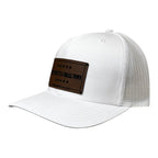 Breacher Rustics white trucker hat with a brown leather patch that says "Try That in a Small Town" Jason Aldean.