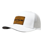 Breacher Rustics white trucker hat with a bamboo leather patch that says "Try That in a Small Town". Features a structured, six-panel design and snapback closure Jason Aldean