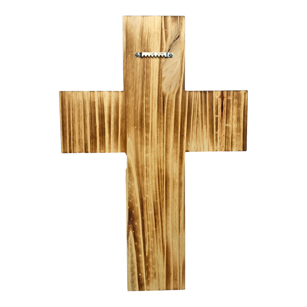 Breacher Rustics wooden cross with a burnt wood finish and sawtooth hanger. 15in x 10.5in.