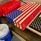 Breacher Rustics wooden USA desktop flag with carved stars and stripes, includes black plastic stand.