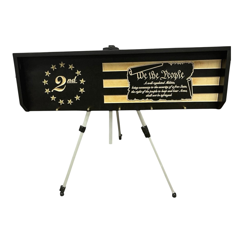 Breacher Rustics 2nd Amendment coat rack with bullet casing hooks and "We the People" inscription. bullet gear rack wall coat organizer 2a flag wooden hooks for jackets hats and gear patriotic home entry storage rack