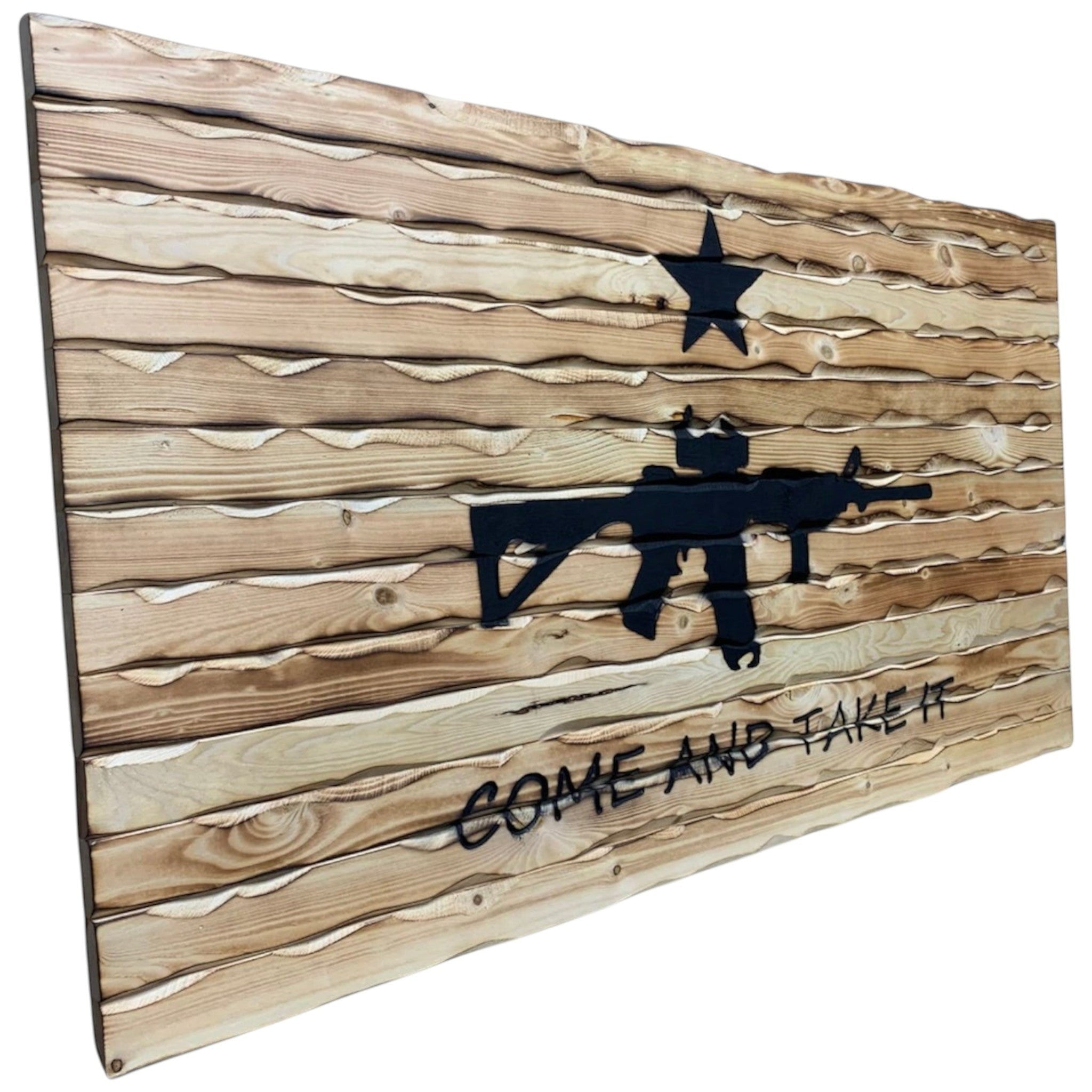 Breacher Rustics wooden flag with carved rifle and "Come and Take It" text. Battle worn finish. texas come and take it battle worn wood flag carved patriotic wall art rustic american flag handmade usa made decor
