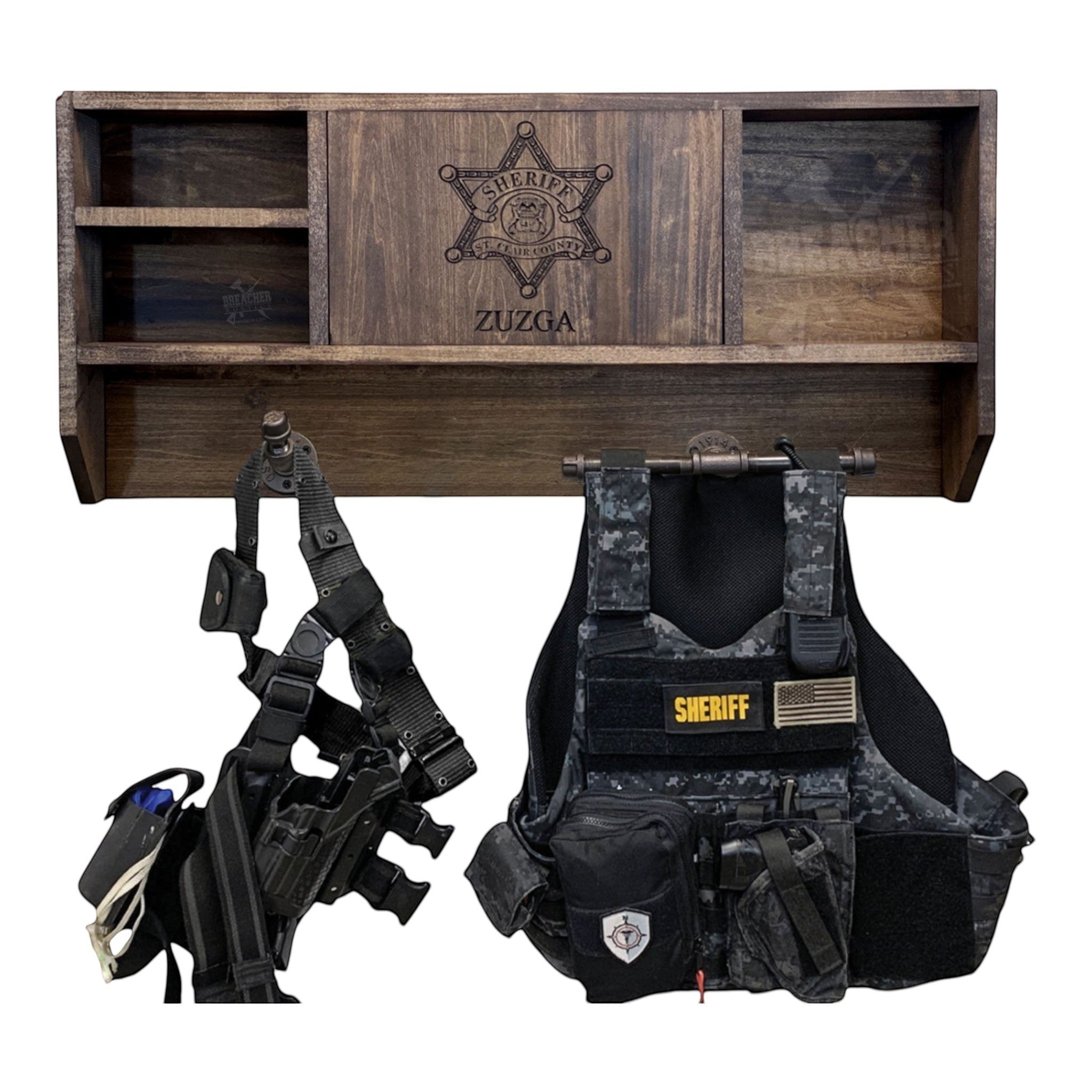 Breacher Rustics dark wood concealment shelf with Sheriff's star engraving and personalized name, holding tactical gear and a Sheriff's vest. concealment shelf gear rack black hidden gun storage cabinet wooden wall mounted with rfid lock and foam interior