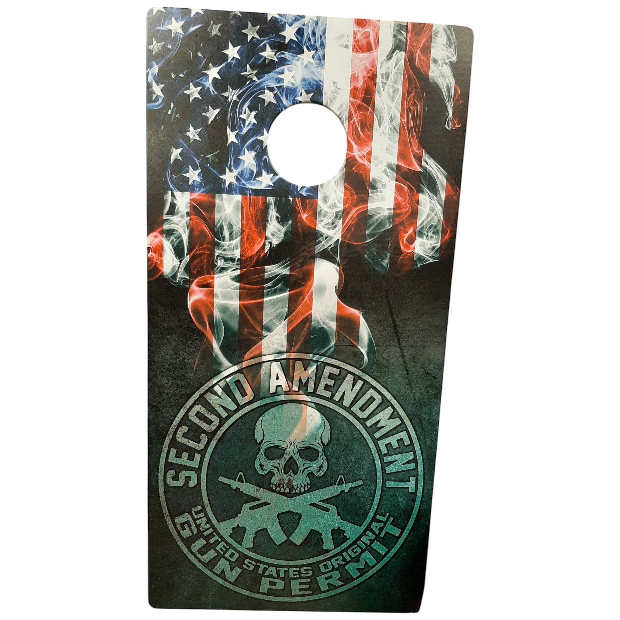 Breacher Rustics Second Amendment USA flag cornhole board with skull and guns graphic. Red, white, blue, and black. constitution second amendment american flag cornhole set wooden backyard game patriotic usa themed boards outdoor set