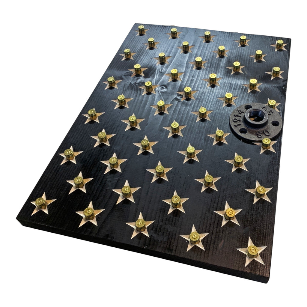 Breacher Rustics black wooden American flag gear rack with brass shell casings in stars and a metal pipe flange. correctional officer duty belt vest wall rack wooden gear organizer for law enforcement equipment storage entryway
