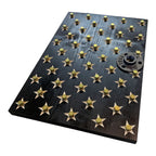 Breacher Rustics black wooden American flag gear rack with brass shell casings in stars and a metal pipe flange. correctional officer duty belt vest wall rack wooden gear organizer for law enforcement equipment storage entryway