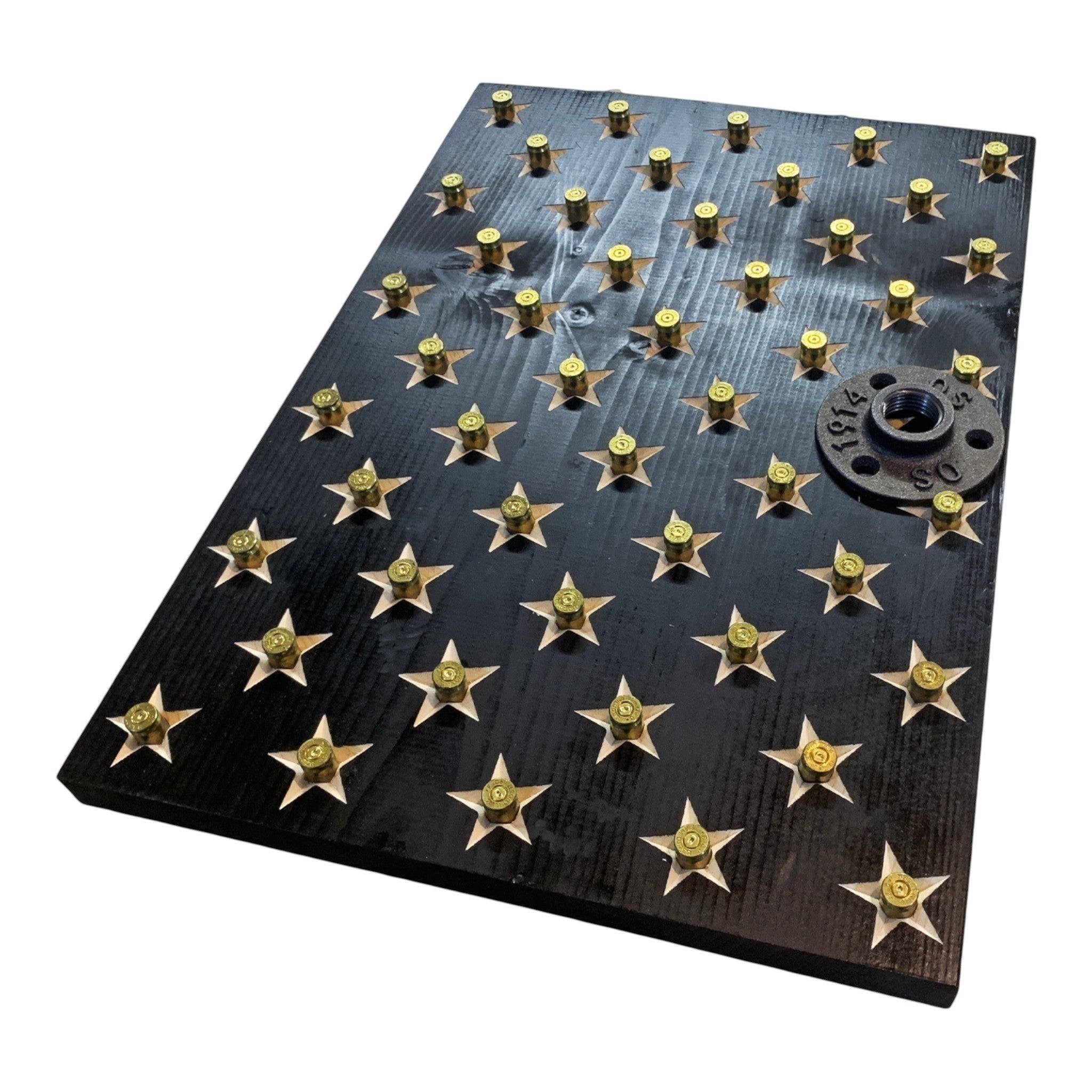 Breacher Rustics black wooden American flag gear rack with brass shell casings in stars and a metal pipe flange. correctional officer duty belt vest wall rack wooden gear organizer for law enforcement equipment storage entryway