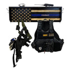 Breacher Rustics Thin Silver Line American flag gear rack with Sheriff's vest and tactical gear. corrections officer gear rack thin silver line wooden wall mounted organizer for vest belt and gear prison officer gift