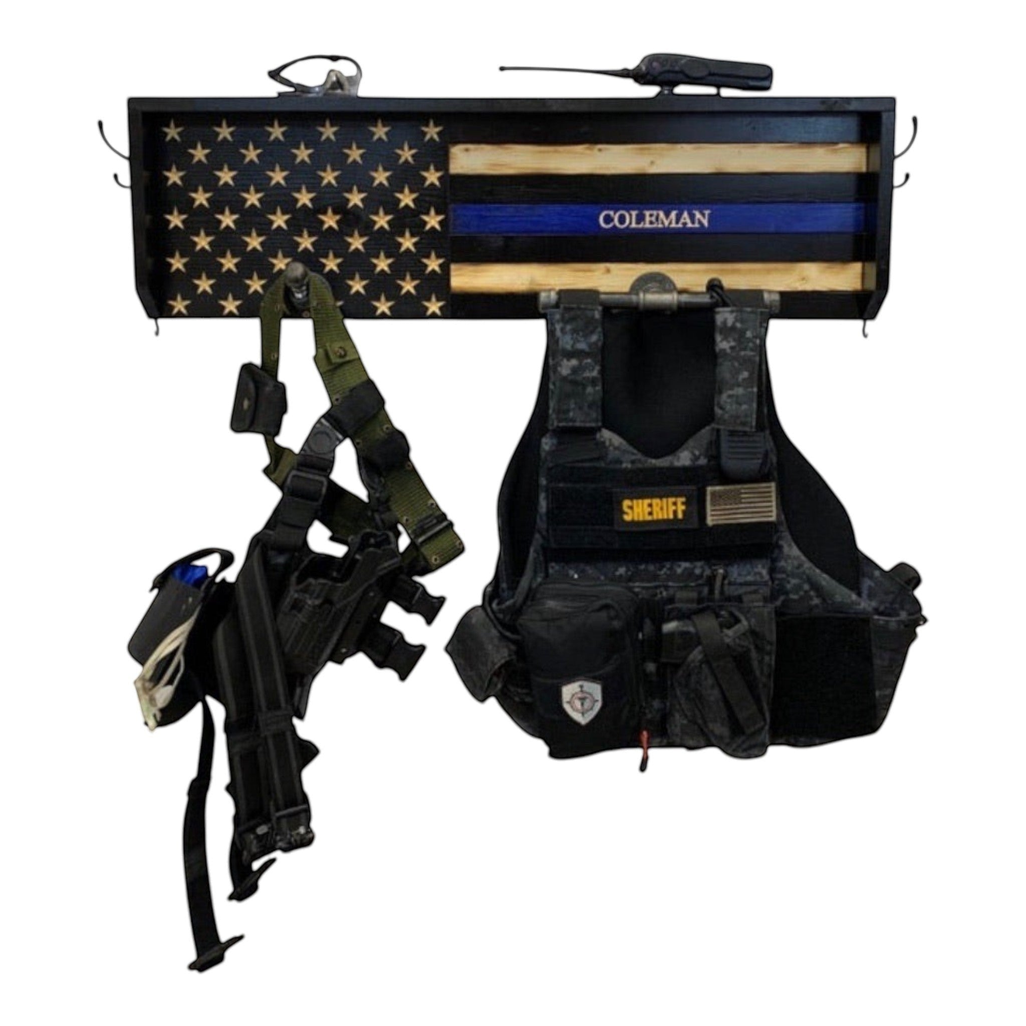 Breacher Rustics Thin Silver Line American flag gear rack with Sheriff's vest and tactical gear. corrections officer gear rack thin silver line wooden wall mounted organizer for vest belt and gear prison officer gift