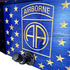 Breacher Rustics blue wooden coat rack with carved Airborne logo and stars, featuring industrial pipe hooks. airborne military flag coat rack wall hooks wooden patriotic entryway organizer army airborne tribute decor usa made veteran military coat rack gear rack