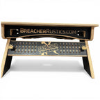 Breacher Rustics custom cornhole set with black scoreboard and wooden frame. Features score trackers up to 21. custom logo thin red line cornhole set firefighter wooden backyard game boards personalized patriotic outdoor set