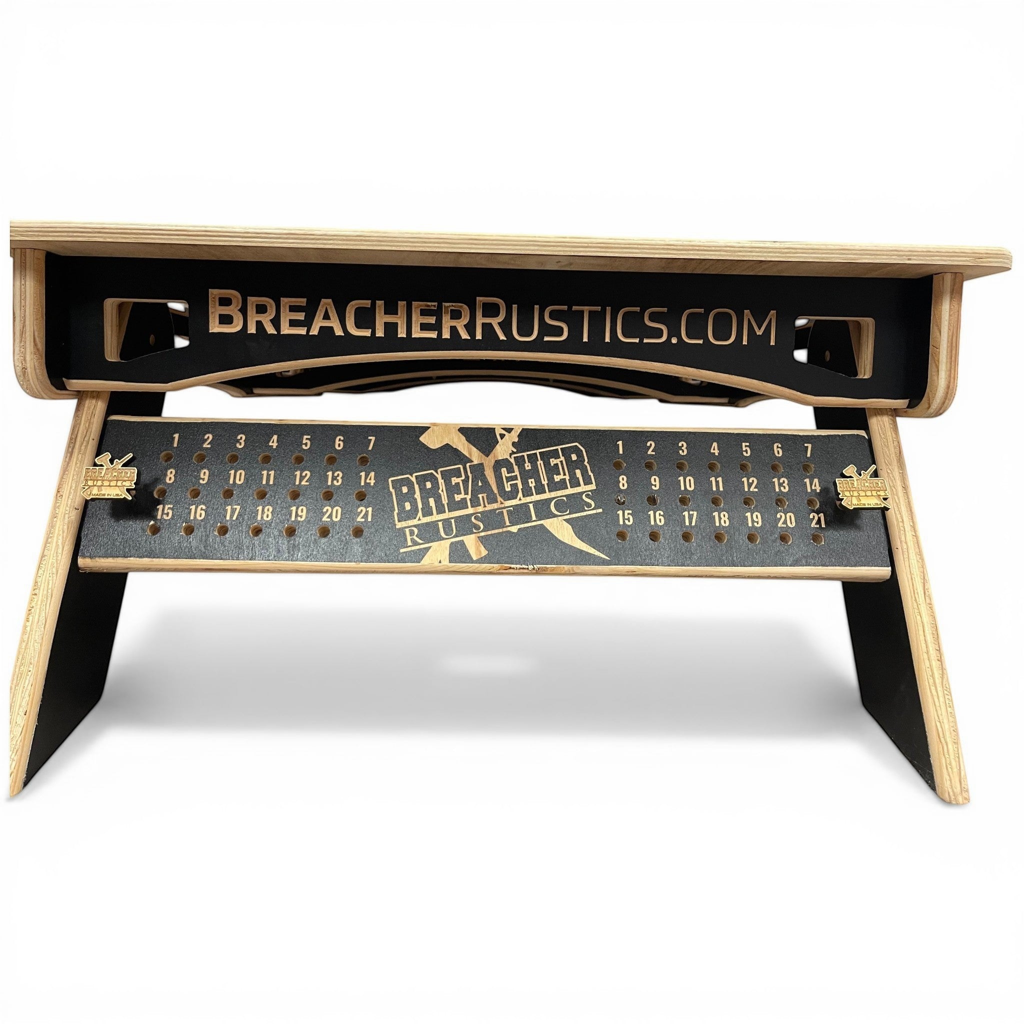 Breacher Rustics custom cornhole set with black scoreboard and wooden frame. Features score trackers up to 21. custom logo thin red line cornhole set firefighter wooden backyard game boards personalized patriotic outdoor set