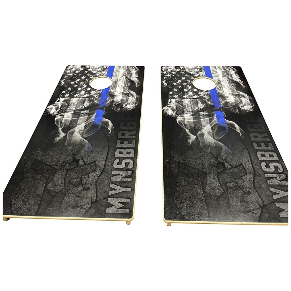 Breacher Rustics Thin Blue Line cornhole set featuring American flag smoke design and custom logo option. Baltic Birch construction. custom thin blue line police cornhole set wooden game boards law enforcement gift personalized patriotic backyard set usa made