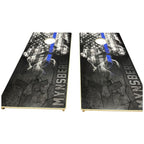 Breacher Rustics Thin Blue Line cornhole set featuring American flag smoke design and custom logo option. Baltic Birch construction. custom thin blue line police cornhole set wooden game boards law enforcement gift personalized patriotic backyard set usa made