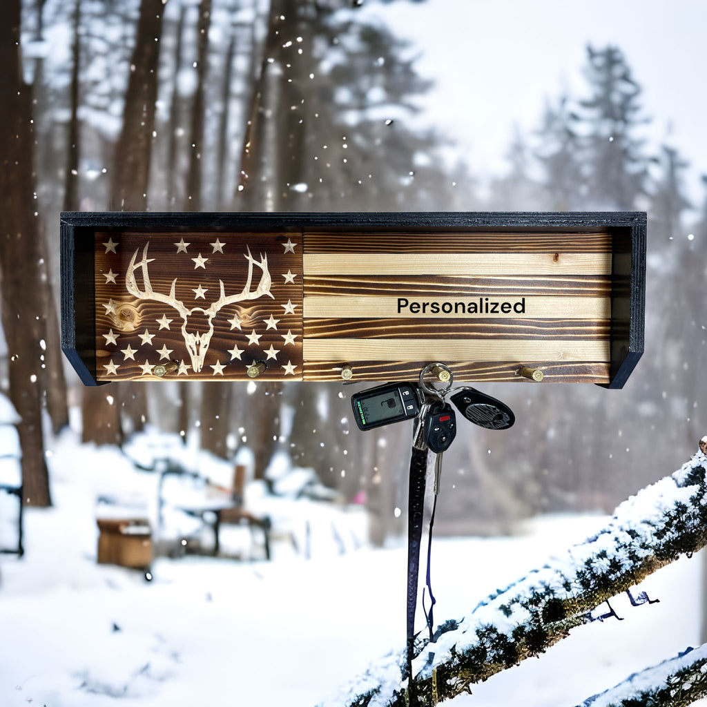 Breacher Rustics wooden key rack with deer skull and American flag design. Features personalization option and brass hooks. deer hunter key rack gift patriotic wall organizer for keys rustic handmade wood gift for outdoorsmen