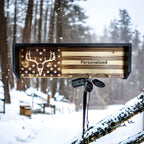 Breacher Rustics wooden key rack with deer skull and American flag design. Features personalization option and brass hooks. deer hunter key rack gift patriotic wall organizer for keys rustic handmade wood gift for outdoorsmen