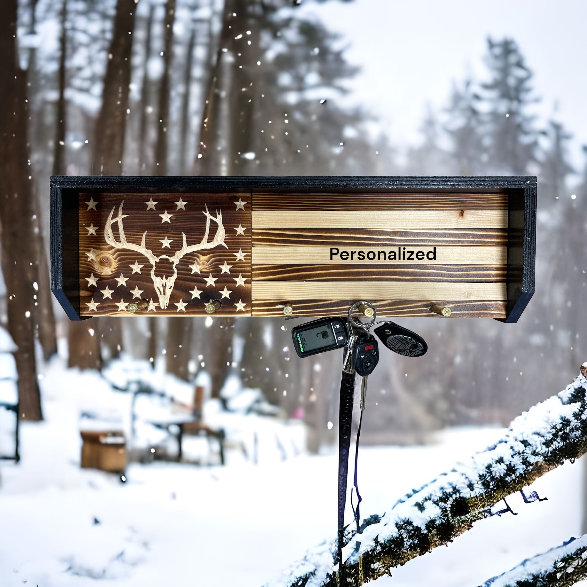 Breacher Rustics wooden key rack with deer skull and American flag design. Features personalization option and brass hooks. deer hunter key rack gift patriotic wall organizer for keys rustic handmade wood gift for outdoorsmen