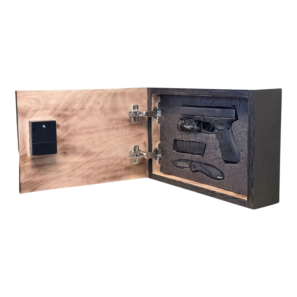 Breacher Rustics wooden concealment box with RFID lock, featuring a handgun, magazine, and knife secured in customizable foam. deer hunters concealment box wooden RFID locking hidden storage box hunting themed gun concealment display rustic usa made