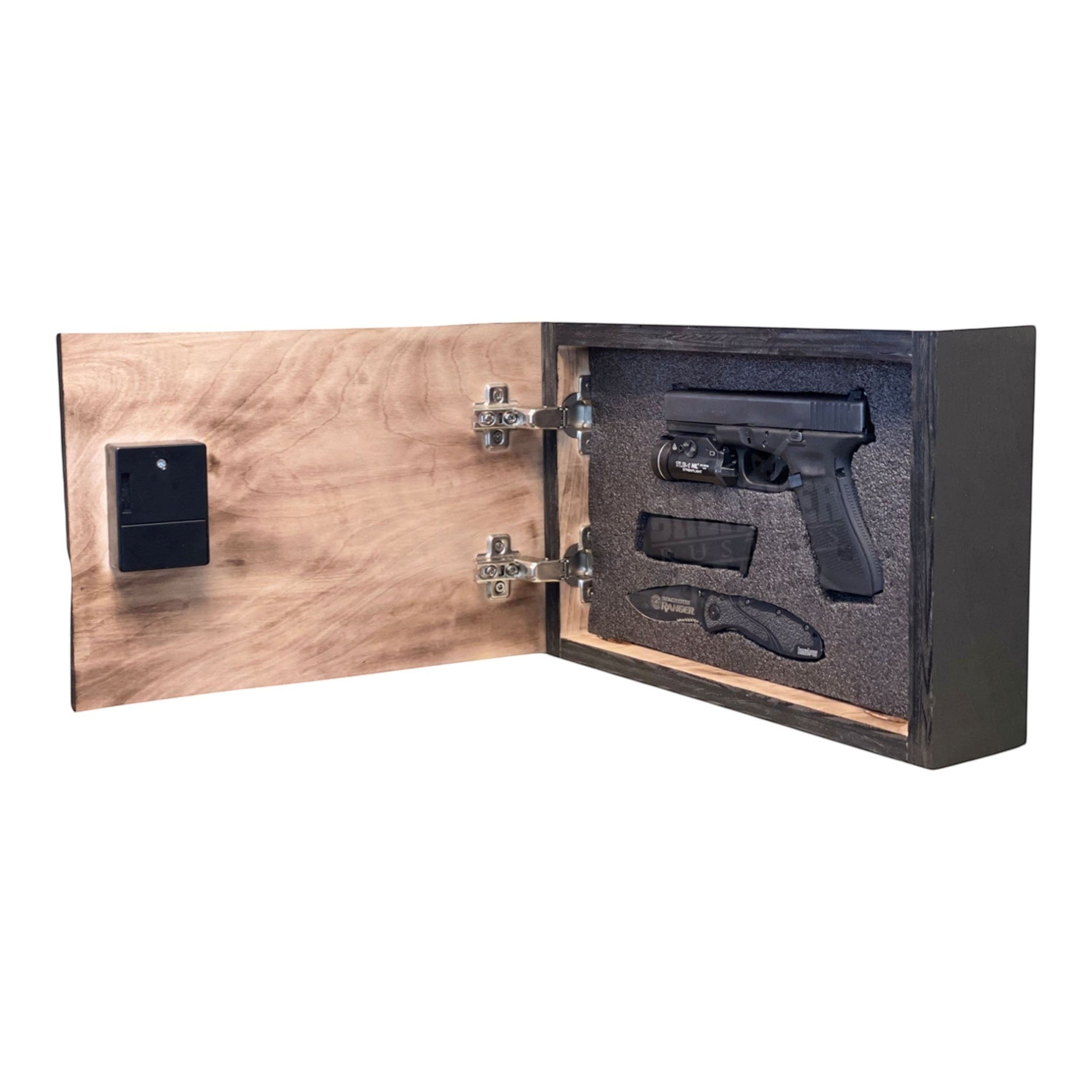 Breacher Rustics wooden concealment box with RFID lock, featuring a handgun, magazine, and knife secured in customizable foam. deer hunters concealment box wooden RFID locking hidden storage box hunting themed gun concealment display rustic usa made