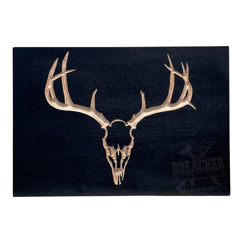 Breacher Rustics wooden concealment box with carved deer skull and antlers on black background. deer hunting RFID concealment box wood hidden storage rustic hunting decor gun storage box usa made wall mounted cabinet