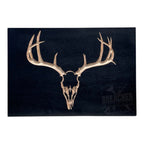Breacher Rustics wooden concealment box with carved deer skull and antlers on black background. deer hunting RFID concealment box wood hidden storage rustic hunting decor gun storage box usa made wall mounted cabinet