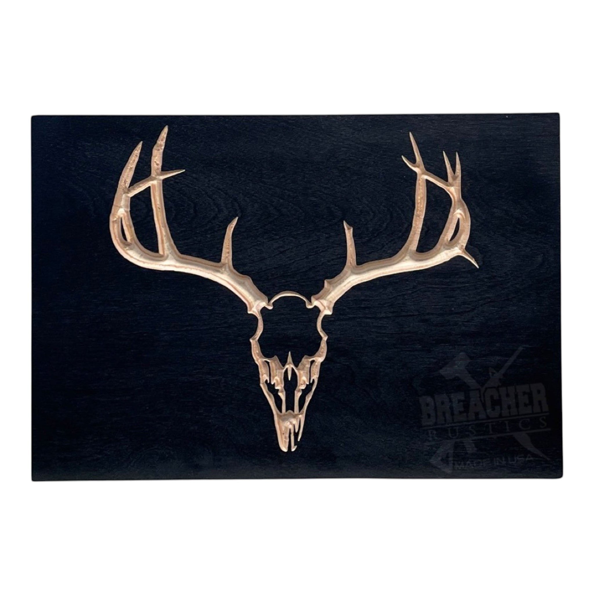 Breacher Rustics wooden concealment box with carved deer skull and antlers on black background. deer hunting RFID concealment box wood hidden storage rustic hunting decor gun storage box usa made wall mounted cabinet