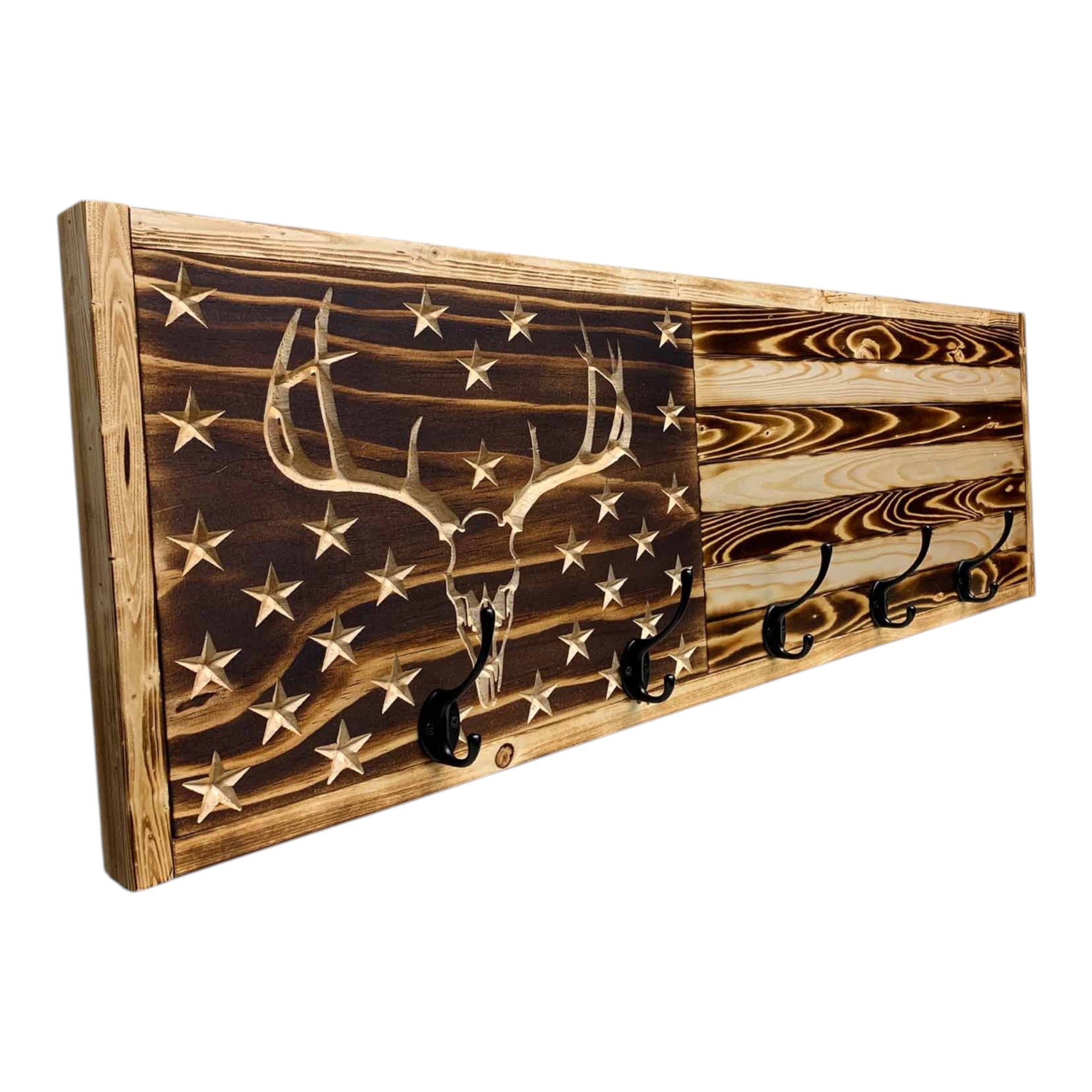 Breacher Rustics USA flag coat rack with carved deer skull and 5 black hooks. Made in USA. deer skull antler coat rack rustic hunting lodge wall hooks wooden entryway organizer cabin decor handmade usa made