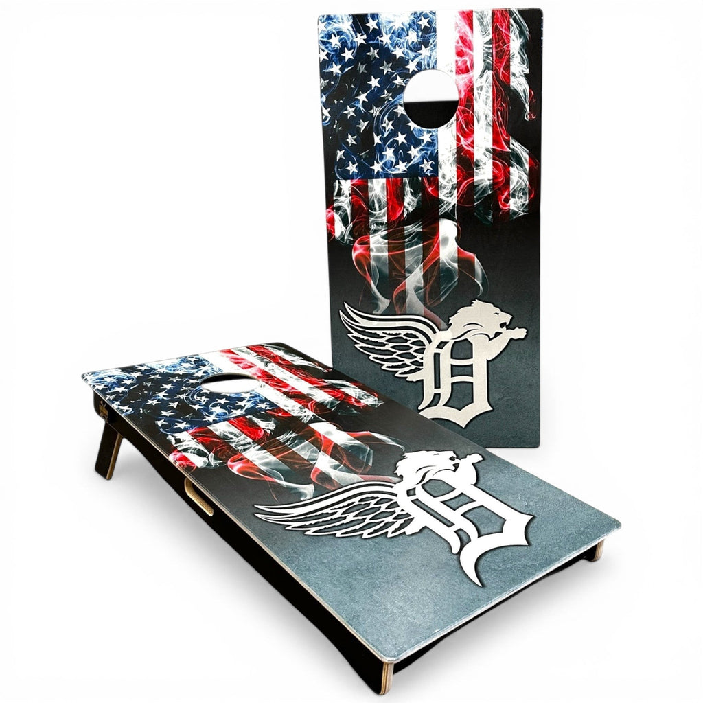 detroit sports american flag cornhole set handmade wooden bean bag toss game patriotic outdoor yard game