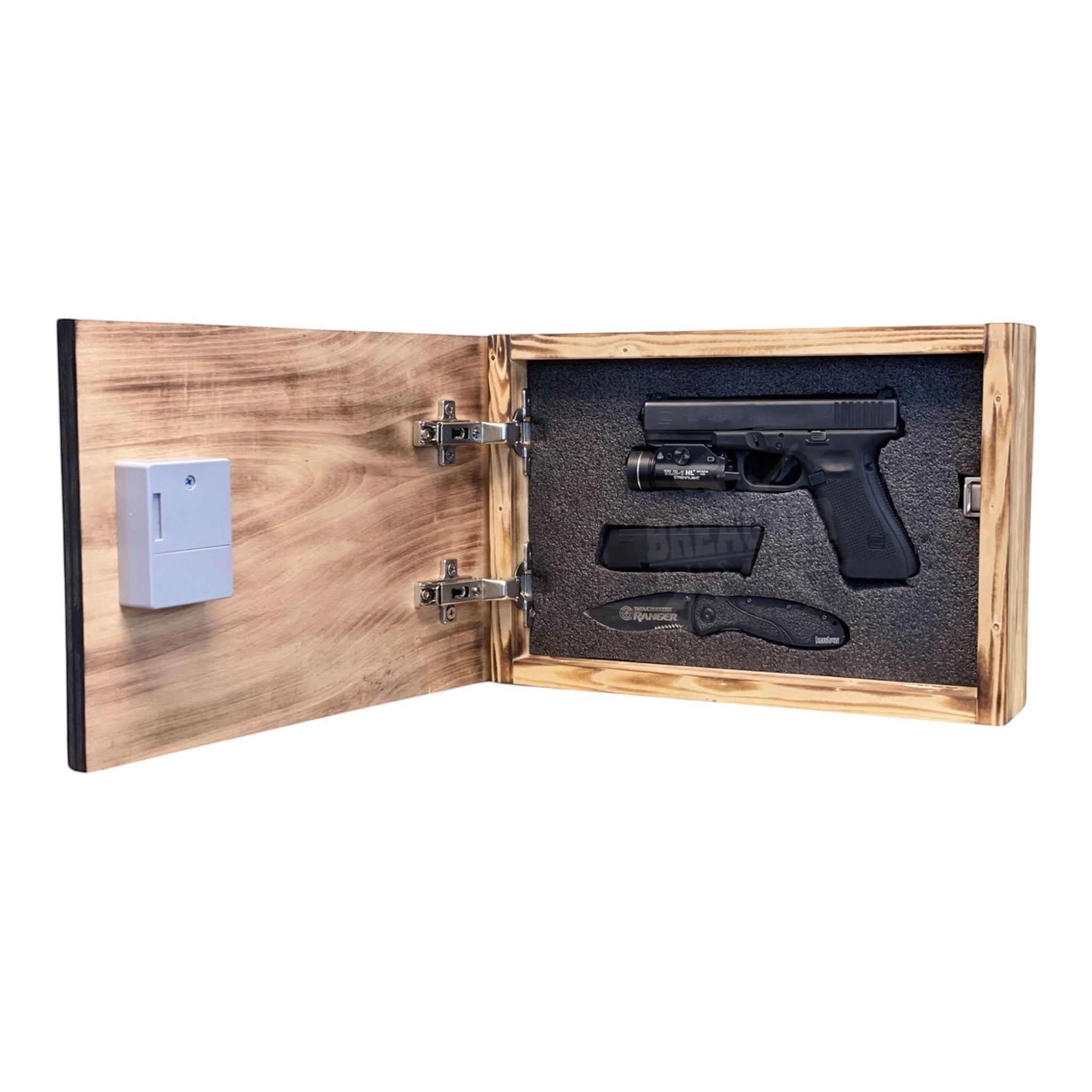 Breacher Rustics Don't Tread On Me concealment box with RFID lock, holding a handgun, knife, and magazine. gadsden flag concealment box RFID gun storage wooden hidden cabinet dont tread on me engraved patriotic display usa made