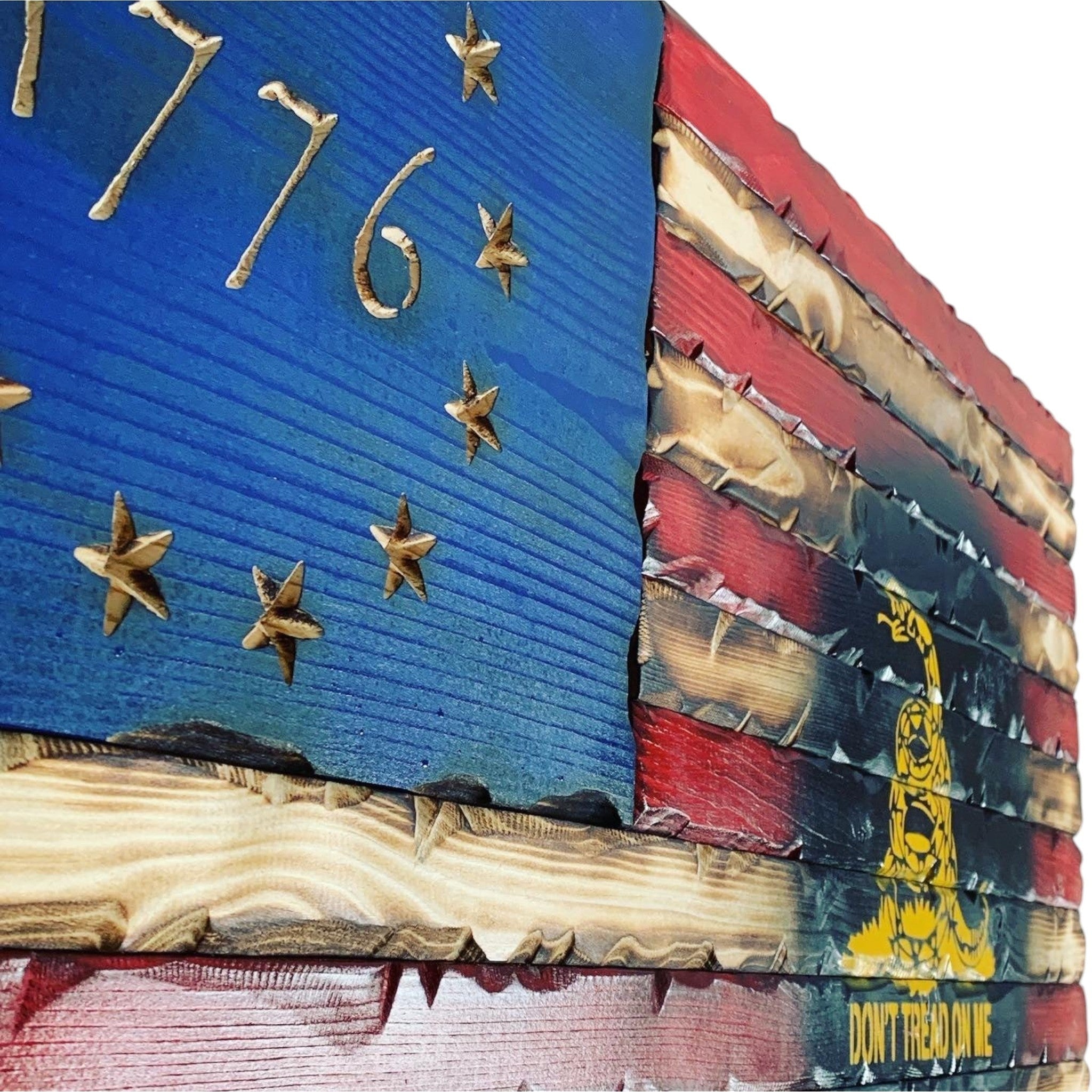 Breacher Rustics battle-worn carved wood American flag with 1776 detail and Don't Tread On Me snake emblem. 1776 dont tread on me american flag wood carved patriotic freedom wall decor handmade rustic usa flag design