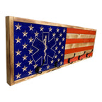 Breacher Rustics wooden American flag coat rack with EMS star of life emblem and 5 black hooks. ems flag coat rack wooden wall mounted hook rack emergency medical services patriotic first responder entryway organizer usa made