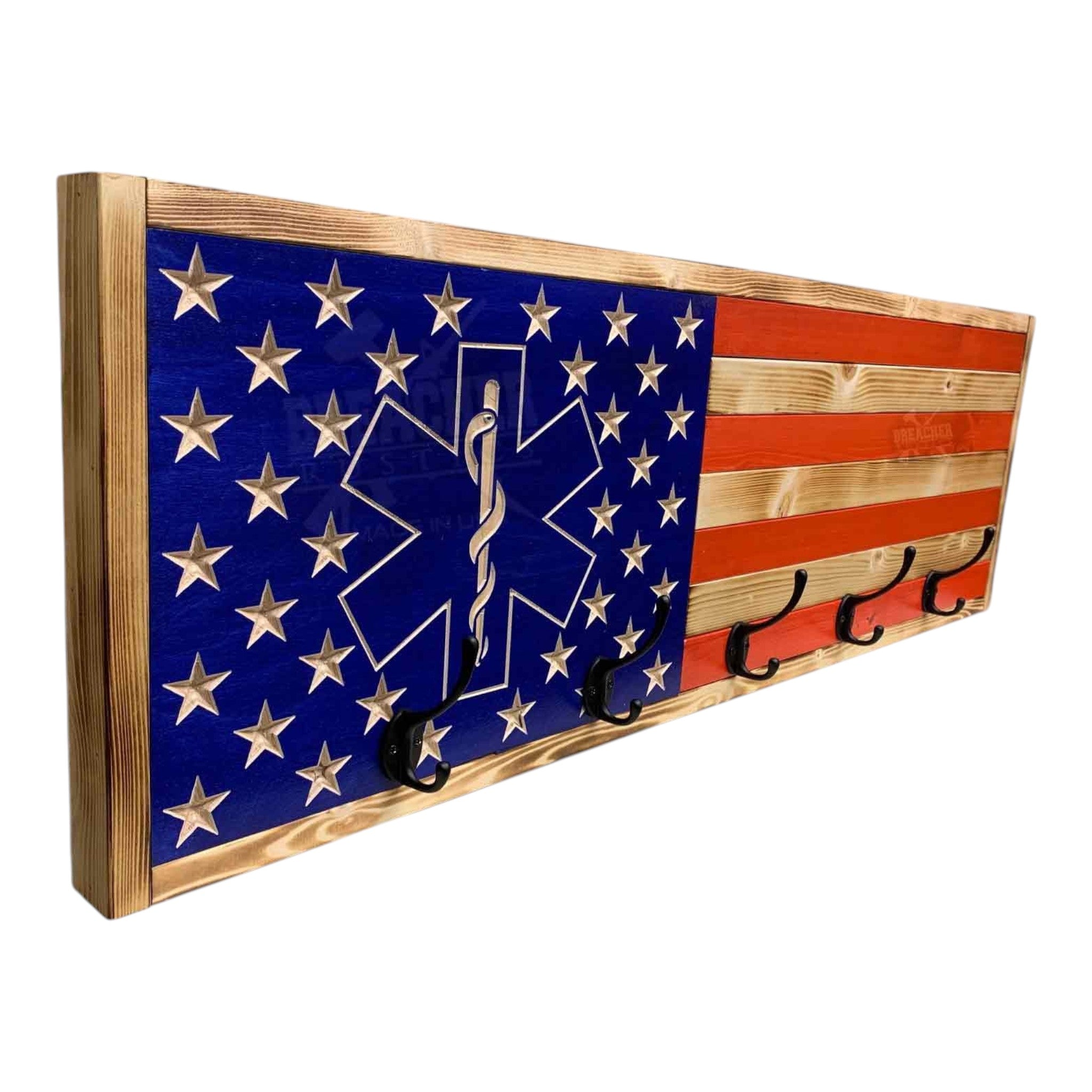 Breacher Rustics wooden American flag coat rack with EMS star of life emblem and 5 black hooks. ems flag coat rack wooden wall mounted hook rack emergency medical services patriotic first responder entryway organizer usa made