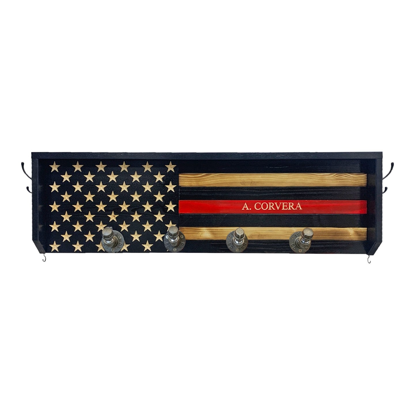 Breacher Rustics Thin Red Line American flag wooden coat rack with personalized name A. CORVERA and 4 metal hooks. handmade thin red line gear rack usa wood premium firefighter wall mounted organizer coat rack patriotic craftsmanship