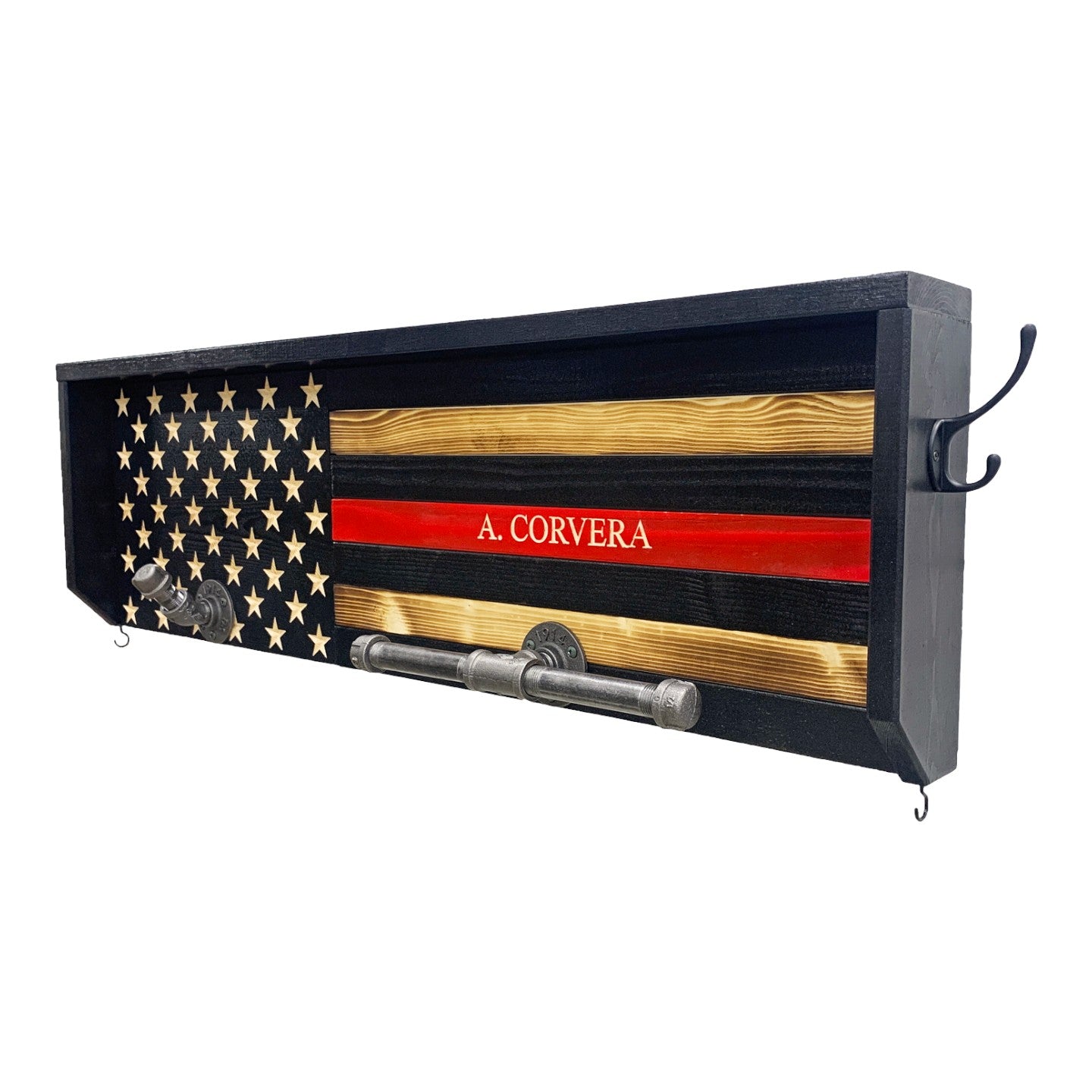 Breacher Rustics Thin Red Line wood flag coat rack with personalized name custom logo and metal hooks. firefighter thin red line coat rack gift wooden wall mounted tribute rack for jackets hats and gear patriotic decor fire gear rack