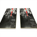 Breacher Rustics Thin Red Line cornhole set featuring a distressed American flag with smoke and the word DEAN. Made from Baltic Birch. firefighter thin red line cornhole set custom wooden game boards patriotic gift for first responders veterans and families