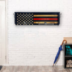 Breacher Rustics Thin Red Line wood flag coat rack with personalized name A. CORVERA and metal pipe detail. firefighter thin red line gear rack wall mounted wooden organizer for coat helmet vest and gear patriotic decor