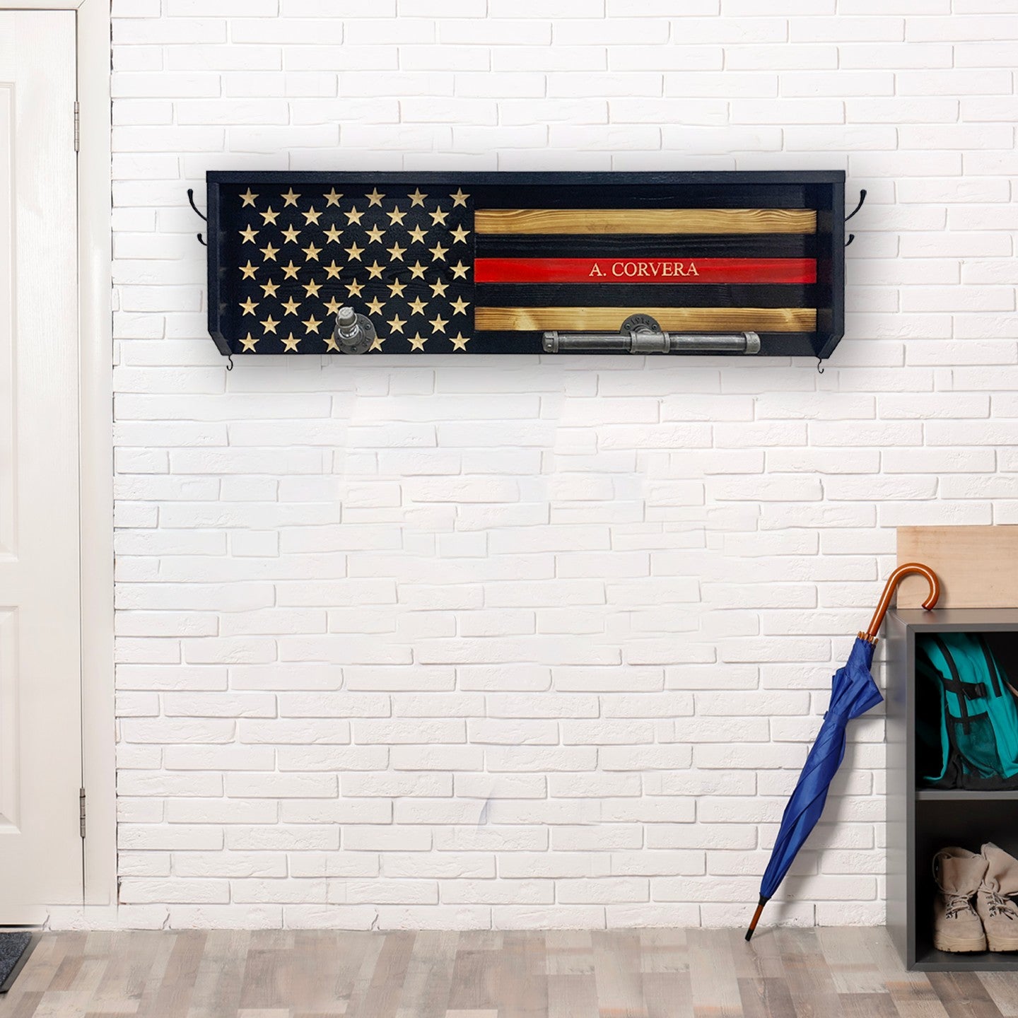 Breacher Rustics Thin Red Line wood flag coat rack with personalized name A. CORVERA and metal pipe detail. firefighter thin red line gear rack wall mounted wooden organizer for coat helmet vest and gear patriotic decor