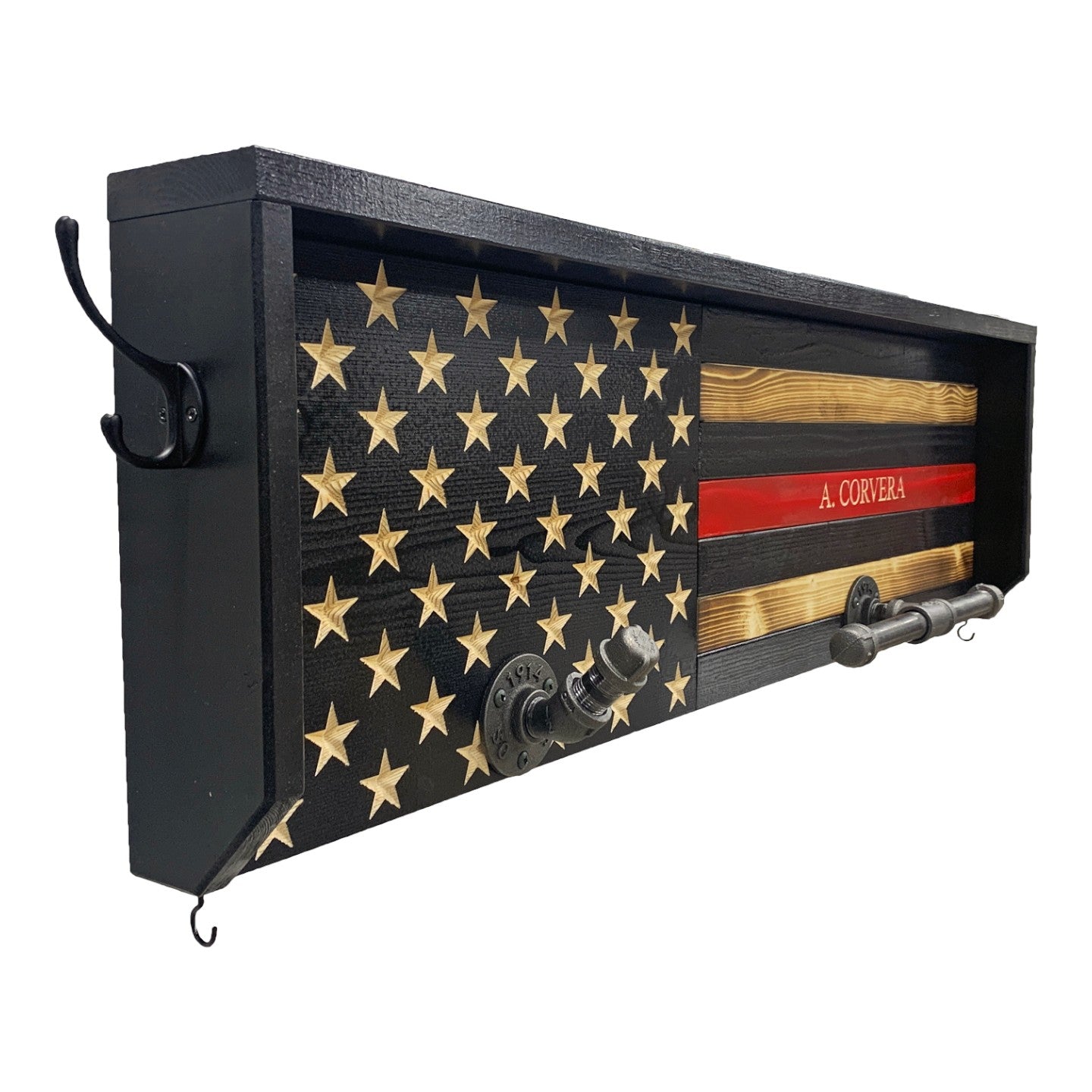 Breacher Rustics Thin Red Line wood flag coat rack with personalized name and industrial pipe hooks hangers. firefighter thin red line gear rack wall mounted wooden organizer for coat helmet vest and gear patriotic decor
