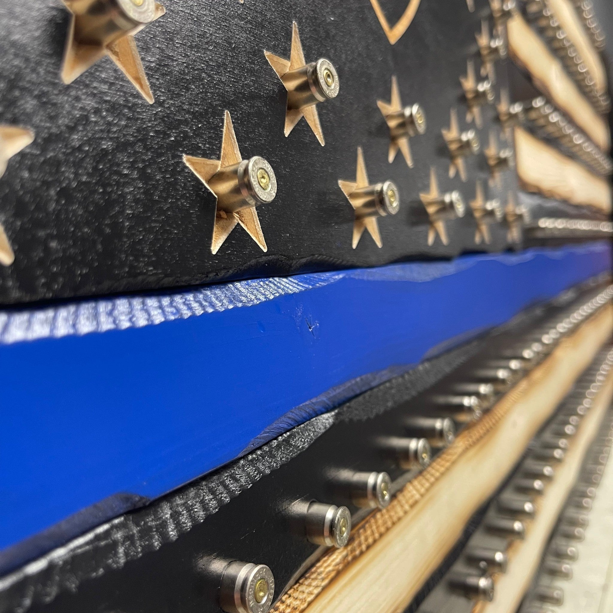 Breacher Rustics wooden flag with blue line, stars made from 9mm casings. Ideal for coin collectors. first responder coin rack 9mm casing flag display wooden challenge coin holder for military and police collection