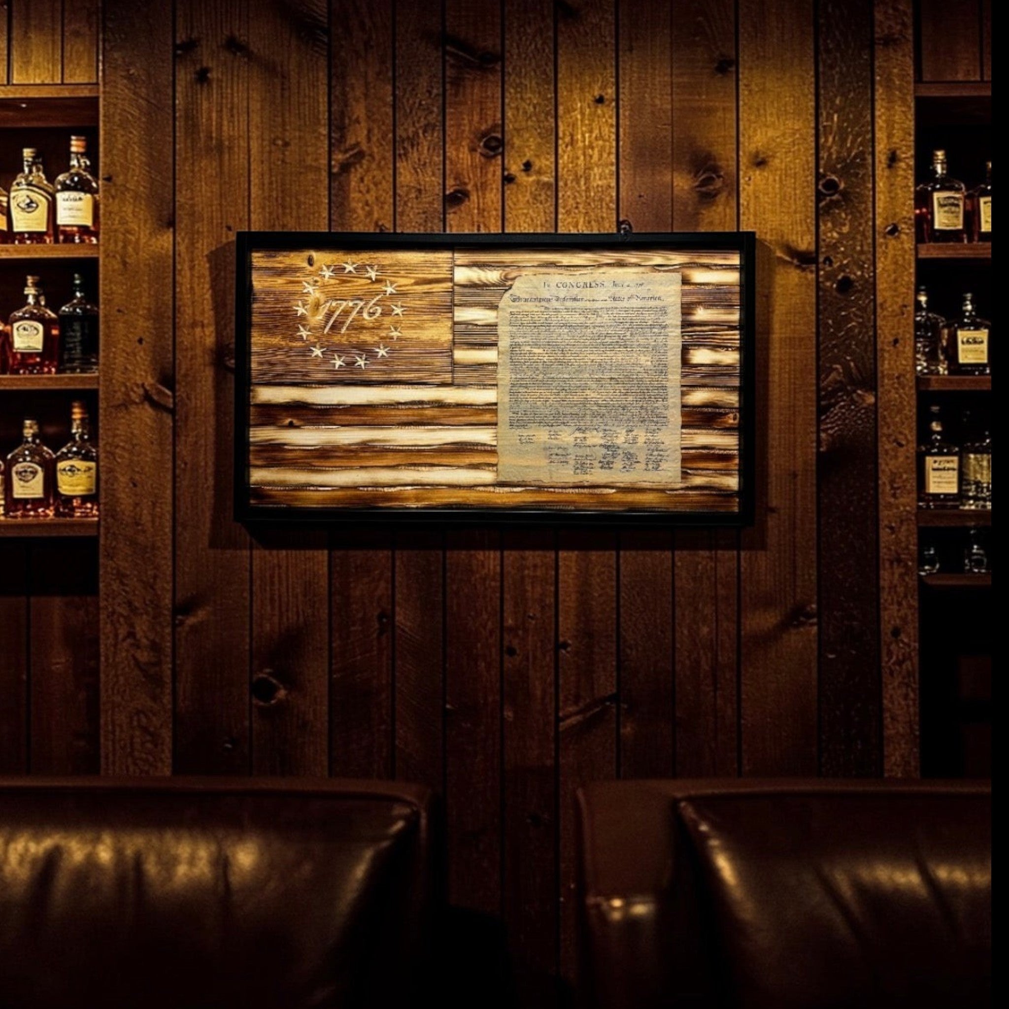 Breacher Rustics carved wood flag featuring the Declaration of Independence and '1776' in the union, with a battle-worn look. 1776 declaration of independence wood flag wall art carved patriotic american history decor founding fathers flag usa made american america wall art constitution