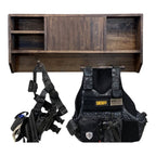 Breacher Rustics stained wood concealment shelf rack with Sheriff's tactical vest and duty belt with holster handmade leo concealment shelf gear rack wood premium RFID locking cabinet police gear storage usa made craftsmanship