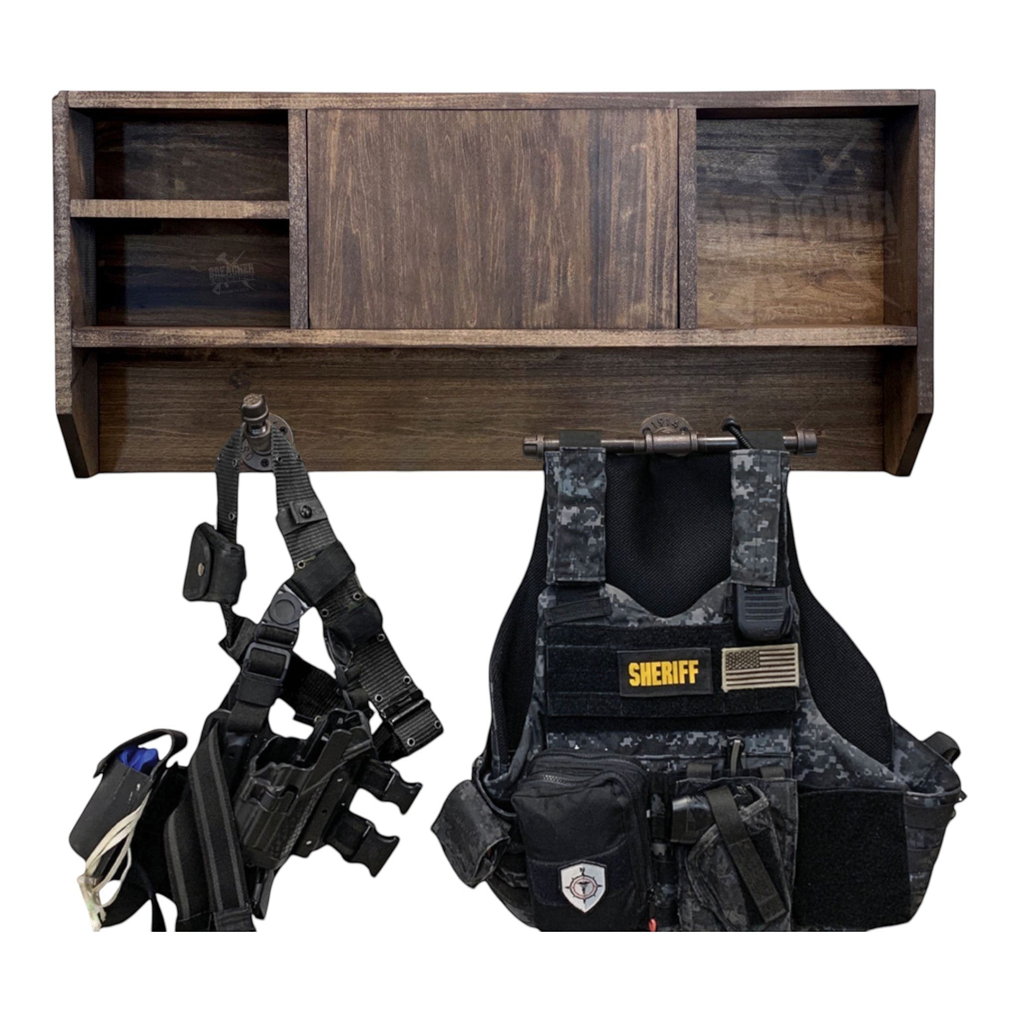 Breacher Rustics stained wood concealment shelf rack with Sheriff's tactical vest and duty belt with holster handmade leo concealment shelf gear rack wood premium RFID locking cabinet police gear storage usa made craftsmanship